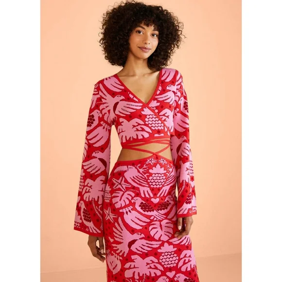 Farm Rio Red Jungle Scarf Knit Top - Picture 1 of 8